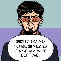 Rule 34 | 1boy, 2024, black hair, commentary, english commentary, english text, facial hair, goatee, ikari gendou, lcr comics, male focus, mature male, multicolored background, neon genesis evangelion, solo, sunglasses, upper body