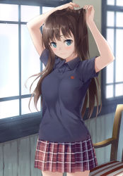 Rule 34 | 1girl, absurdres, animal print, arms up, blue eyes, braid, breasts, brown hair, buttons, chair, closed mouth, day, fingernails, highres, indoors, lips, looking at viewer, maki makishima (makimaki), medium breasts, original, plaid, plaid skirt, pleated skirt, polo shirt, scan, short sleeves, simple background, skirt, smile, solo, unasaka ryou, window