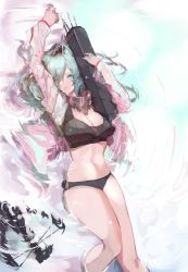 Rule 34 | absurdres, animal ears, arknights, arrow (projectile), bikini, black bikini, bow (weapon), breasts, cat ears, commentary, crossbow, dokuro deluxe, green eyes, hair between eyes, hands up, highres, holding, jacket, jacket over swimsuit, large breasts, long hair, long sleeves, looking at viewer, lying, partially submerged, pink jacket, quiver, scarf, schwarz (arknights), silver hair, solo, sparkle, swimsuit, thighs, water, weapon, wet, wet clothes