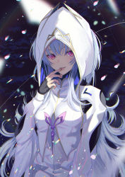 Rule 34 | 1girl, black gloves, blush, breasts, chromatic aberration, fate/grand order, fate/prototype, fate (series), fingerless gloves, gloves, hooded robe, long hair, long sleeves, looking at viewer, medium breasts, merlin (fate/prototype), merlin (fate/prototype) (first ascension), mishiro (ixtlolton), open mouth, petals, purple eyes, robe, smile, very long hair, white hair, white hood, white robe, wide sleeves