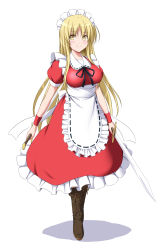 Rule 34 | 1girl, apron, blonde hair, boots, breasts, brown footwear, commentary request, dress, dual wielding, frilled apron, frilled dress, frills, full body, highres, holding, holding sword, holding weapon, long hair, looking at viewer, looking away, maid, maid headdress, medium breasts, nori tamago, puffy short sleeves, puffy sleeves, reverse grip, short sleeves, simple background, smile, solo, standing, sword, touhou, touhou (pc-98), very long hair, waist apron, weapon, white background, wrist cuffs, yellow eyes, yumeko (touhou)