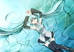 Rule 34 | 1girl, aqua eyes, aqua hair, arms up, bad id, bad pixiv id, detached sleeves, hatsune miku, hirococo, long hair, lying, necktie, skirt, solo, thighhighs, twintails, very long hair, vocaloid, water