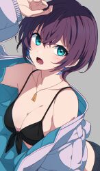 Rule 34 | 1girl, aqua eyes, bare shoulders, bikini, black bikini, blue hair, blush, breasts, brown hair, cleavage, collarbone, colored inner hair, grey background, hair between eyes, highres, jacket, jewelry, kazenoko, large breasts, long sleeves, looking at viewer, multicolored hair, necklace, open mouth, original, short hair, solo, swimsuit, two-sided fabric, two-sided jacket, upper body, v-shaped eyebrows, white jacket
