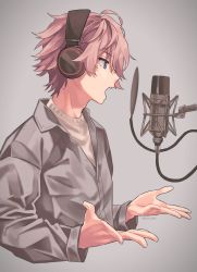 Rule 34 | 1boy, collared shirt, facing to the side, grey background, grey shirt, headphones, highres, long sleeves, looking to the side, male focus, microphone, music, open mouth, pink hair, purple eyes, satomi (stpri), shirt, short hair, singing, solo, strawberry prince, yoshino stpr