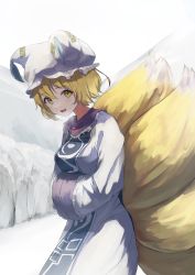 Rule 34 | 1girl, :d, absurdres, animal ears, animal hat, blonde hair, dress, fox ears, fox tail, hands in opposite sleeves, hat, highres, keikei 927, looking at viewer, mob cap, multiple tails, open mouth, short hair, smile, solo, standing, tabard, tail, touhou, white background, white dress, white hat, yakumo ran, yellow eyes