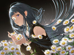 Rule 34 | 1girl, blue hair, blunt bangs, blurry, champi, clothing cutout, commentary, daisy, depth of field, field, flower, flower field, from side, hands up, highres, holding, holding flower, long hair, looking at viewer, night, night sky, original, outdoors, purple eyes, shoulder cutout, sky, smile, solo, star (sky), starry sky, upper body
