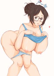 Rule 34 | 1girl, absurdres, ass, black-framed eyewear, breasts, brown eyes, brown hair, butt crack, clothes lift, collarbone, hair bun, hair ornament, hairpin, hanging breasts, highres, huge breasts, leaning forward, looking at viewer, mei (overwatch), nipples, open mouth, overwatch, overwatch 1, panties, parted lips, shirt lift, single hair bun, solo, sombra222, standing, underwear, white background