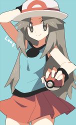 Rule 34 | 00s, 1girl, arm behind head, blue background, brown eyes, brown hair, character name, cowboy shot, creatures (company), dadadanoda, female focus, game freak, hat, highres, holding, holding poke ball, leaf (pokemon), looking at viewer, nintendo, official style, poke ball, poke ball (basic), pokemon, pokemon frlg, porkpie hat, red skirt, sidelocks, skirt, sleeveless, smile, solo, standing, wristband