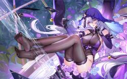 Rule 34 | 1girl, adapted costume, akizero1510, armpit crease, bare shoulders, black gloves, black swan (honkai: star rail), black thighhighs, breasts, card, cleavage, commentary, covered navel, elbow gloves, flower, gloves, grey hair, hair between eyes, highres, honkai: star rail, honkai (series), large breasts, long hair, looking at viewer, no shoes, pink flower, pink rose, purple sleeves, rose, smile, soles, solo, thighhighs, thighs, toes, veil, wet