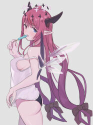 Rule 34 | 1girl, absurdres, alternate costume, ass, asymmetrical wings, black panties, blue eyes, blush, bow, breasts, commentary, cowboy shot, deenamaito, demon horns, detached wings, food, gradient hair, grey background, hair bow, halo, heterochromia, highres, holding, holding food, holding popsicle, hololive, hololive english, horns, irys (hololive), long hair, looking at viewer, low-tied long hair, medium breasts, mismatched wings, multicolored hair, no pants, panties, parted lips, pointy ears, popsicle, purple eyes, purple hair, red hair, see-through silhouette, shirt, sideboob, simple background, solo, standing, strap slip, tank top, tongue, tongue out, two-tone hair, underwear, very long hair, virtual youtuber, white shirt, wings