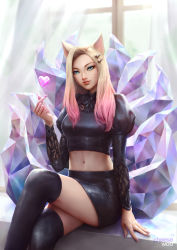 Rule 34 | 1girl, ahri (league of legends), animal ears, artist name, blonde hair, blue eyes, breasts, cheesewoo, closed mouth, colored tips, crop top, crystal tail, curtains, eyeshadow, facial hair, facial mark, fingernails, fox ears, hair ornament, hairclip, heart, highres, k/da (league of legends), league of legends, crossed legs, lips, long fingernails, long hair, long sleeves, looking at viewer, makeup, midriff, miniskirt, multicolored hair, multiple tails, nail polish, navel, pink hair, pink nails, sitting, skirt, snapping fingers, solo, straight hair, tail, the baddest ahri, thighhighs, two-tone hair, vastaya, whisker markings, window, zettai ryouiki