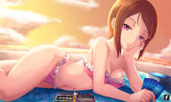 Rule 34 | artist logo, bare shoulders, beach, bikini, breasts, brown hair, card, closed mouth, cloud, collarbone, digimon, digimon adventure, feet out of frame, frilled bikini, frills, hand on own cheek, hand on own face, holding, holding card, looking at viewer, lying, navel, ocean, on side, outdoors, pink bikini, purple eyes, shore, short hair, sidelocks, sky, small breasts, smile, sunset, swimsuit, tailmon, teng zhai zi, thighs, water, yagami hikari