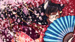 Rule 34 | 1girl, absurdres, animal ear fluff, animal ears, bespectacled, black hair, cherry blossoms, fan over face, flipped hair, folding fan, from above, glasses, hand fan, highres, hololive, huge filesize, inre kemomimi, japanese clothes, kimono, long hair, looking at viewer, multicolored hair, ookami mio, ookami mio (new year), print kimono, red hair, red kimono, round eyewear, solo, streaked hair, swept bangs, upper body, very long hair, virtual youtuber, wolf ears, yellow eyes