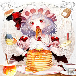 Rule 34 | 1girl, :o, abstract background, arm up, artist name, ascot, batter, bib, blouse, blue hair, blush, bottle, bowl, brooch, butter, commentary request, cup, eating, egg, fang, food, fork, frying pan, gem, gradient background, hat, hat ribbon, head tilt, holding, holding fork, holding knife, honey, jar, jewelry, knife, looking at viewer, milk bottle, mob cap, mochacot, open mouth, pancake, pancake stack, pink hat, pink shirt, pointy ears, puffy short sleeves, puffy sleeves, red ascot, red eyes, red gemstone, remilia scarlet, ribbon, sack, saucer, shirt, short hair, short sleeves, sleeve ribbon, slit pupils, solo, teacup, touhou, whisk, wrist cuffs