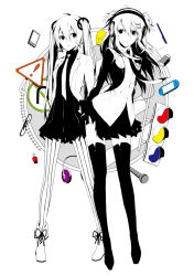 Rule 34 | 2girls, ankle boots, arisaka ako, bad id, bad pixiv id, boots, cosmetics, eraser, handheld game console, hatsune miku, headphones, long hair, monochrome, mouse (computer), multiple girls, nail polish bottle, nanase kanon, necktie, pantyhose, partially colored, playstation portable, skirt, spot color, striped clothes, striped legwear, striped pantyhose, thighhighs, traffic light, twintails, two side up, vertical-striped clothes, vertical-striped legwear, vertical-striped pantyhose, vocaloid