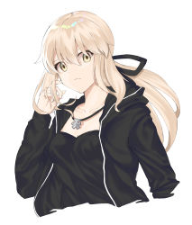 Rule 34 | 1girl, absurdres, amanevo, artoria pendragon (all), artoria pendragon (fate), black jacket, black ribbon, blonde hair, breasts, cleavage, collarbone, commentary request, fate/grand order, fate (series), hair ribbon, highres, jacket, jewelry, long sleeves, looking at viewer, medium breasts, necklace, official alternate costume, ponytail, ribbon, saber alter, saber alter (ver. shinjuku 1999) (fate), simple background, solo, white background, yellow eyes