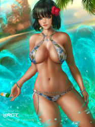 Rule 34 | 1girl, bare arms, bare shoulders, beach, bikini, black hair, blue eyes, breasts, commentary, cowboy shot, day, english commentary, floral print, food, fubuki (one-punch man), heart o-ring, heart ring top, hydrokinesis, large breasts, navel, one-punch man, outdoors, patreon username, popsicle, short hair, shurakrgt, solo, swimsuit, telekinesis, water