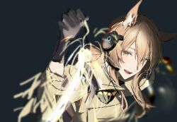 Rule 34 | 1girl, absurdres, animal ears, arknights, blonde hair, dark background, fireworks, gloves, hair between eyes, headset, highres, holding, holding fireworks, horse ears, horse girl, implied extra ears, joshua (shisanli934), long hair, looking at viewer, nearl (arknights), nearl the radiant knight (arknights), open mouth, simple background, smile, solo, sparkler, upper body, yellow eyes