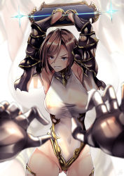 Rule 34 | 10s, 1girl, armpits, arms up, black knight (granblue fantasy), blue eyes, blurry, breasts, brown hair, clenched teeth, covered erect nipples, covered navel, cowboy shot, depth of field, glaring, gluteal fold, granblue fantasy, hair between eyes, imminent rape, large breasts, legs apart, leotard, looking at viewer, nakatokung, nipples, parted lips, pov, pov hands, restrained, scowl, see-through, short hair, solo focus, teeth, vambraces, white leotard, zoom layer
