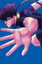 Rule 34 | 1boy, black hair, blue background, blue eyes, blue lock, bright pupils, chain, character name, cleaned, closed mouth, collar, eyebrows, eyelashes, hair between eyes, jersey, karasu tabito, looking at viewer, male focus, mole, mole under eye, nomura yuusuke, official art, pale skin, shirt, short hair, shorts, simple background, smile, soccer uniform, solo, solo focus, sportswear, textless version, white pupils