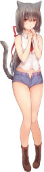 Rule 34 | 1girl, absurdres, androgynous, animal ears, bare shoulders, black hair, blush, boots, brown eyes, brown footwear, cat ears, cat tail, collared shirt, denim, denim shorts, eyelashes, female focus, flat chest, full body, hair ribbon, highres, legs, long hair, looking at viewer, necktie, open clothes, open fly, open mouth, pigeon-toed, ribbon, shirt, shoes, short hair, short shorts, shorts, simple background, sleeveless, sleeveless shirt, standing, tail, thighs, tight clothes, white background, white shirt