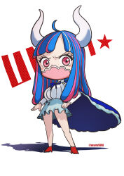 Rule 34 | 1girl, ahoge, aosora2823, blue hair, blue skirt, chibi, covered mouth, curled horns, dinosaur girl, full body, highres, horns, jewelry, mask, mouth mask, multicolored hair, necklace, one piece, pink eyes, pink hair, pink mask, red footwear, shirt tucked in, skirt, solo, standing, streaked hair, ulti (one piece)