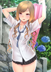 Rule 34 | 1girl, :p, amasora taichi, arms up, blush, breasts, brown hair, closed umbrella, cowboy shot, day, flower, hip focus, holding, holding umbrella, hydrangea, large breasts, long hair, miniskirt, navel, original, outdoors, outline, red eyes, see-through, shirt, skirt, smile, solo, thighs, tongue, tongue out, umbrella, wavy hair, white shirt