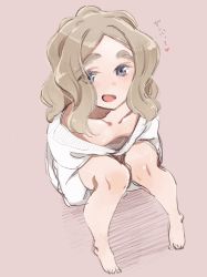 Rule 34 | 1girl, blue eyes, blush, breasts, brown hair, chibikko (morihito), downblouse, hair over one eye, heart, highres, long hair, morihito, open mouth, original, sitting, sketch, small breasts, solo, sweater, thick eyebrows, wavy hair