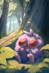 Rule 34 | absurdres, antennae, commentary request, creatures (company), day, fangs, game freak, gen 1 pokemon, grass, highres, light rays, nintendo, no humans, outdoors, pokemon, pokemon (creature), red eyes, solo, tree, venonat, xxxxay