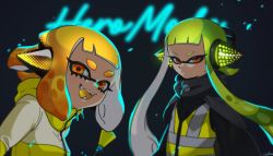 Rule 34 | 2girls, agent 3 (splatoon), agent 4 (splatoon), black background, black cape, black shirt, blunt bangs, blurry, blurry background, cape, closed mouth, colored tongue, commentary, fangs, glaring, green hair, half-closed eyes, headgear, inkling, inkling girl, inkling player character, jacket, light frown, long hair, long sleeves, looking at viewer, medium hair, multiple girls, neon lights, nintendo, open mouth, orange eyes, orange hair, orange tongue, shirt, smile, splatoon (series), splatoon 1, splatoon 2, splatoon 2: octo expansion, squidbeak splatoon, standing, symbol-only commentary, tentacle hair, vest, yellow jacket, yellow vest, yeneny, zipper