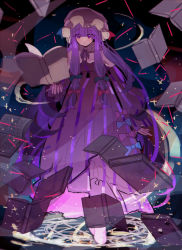 Rule 34 | 1girl, absurdres, blue bow, blue ribbon, blunt bangs, blush, book, bow, capelet, closed mouth, commentary, constellation, dress, dress bow, expressionless, eyes visible through hair, full body, hair bow, hat, hat ribbon, highres, long hair, long sleeves, magic circle, mob cap, neckerchief, open book, patchouli knowledge, pink bow, purple dress, purple eyes, purple hair, purple hat, purple neckerchief, red ribbon, ribbon, shi chimi, sidelocks, sleeves past wrists, solo, striped clothes, striped dress, touhou, vertical-striped clothes, vertical-striped dress, very long hair, white capelet