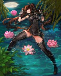 Rule 34 | 00s, 1girl, afloat, armlet, bare shoulders, beads, black dress, black footwear, black thighhighs, blurry, breasts, brown hair, china dress, chinese clothes, closed mouth, depth of field, double bun, dress, dungeon and fighter, eyelashes, fighter (dungeon and fighter), flower, gem, gloves, hair bun, hair ornament, hair stick, highres, jewelry, lips, long hair, looking at viewer, lotus, medium breasts, moon, nen master (dungeon and fighter), panties, pebble, plant, pond, qbspdl, red eyes, reflection, shoes, short dress, sidelocks, skin tight, sleeveless, sleeveless dress, solo, spread legs, tassel, thighhighs, thighlet, twintails, underwear, very long hair, water, wet, white gloves, white panties