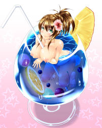 Rule 34 | 1girl, barefoot, between breasts, blueberry, breast rest, breasts, brown hair, cherry, cleavage, cup, drink, drinking straw, emperor zuou, flower, food, fruit, green eyes, hair flower, hair ornament, highres, huge breasts, ice, ice cube, in container, in cup, lemon, long hair, mini person, minigirl, nipples, nude, original, partially submerged, pineapple, ponytail, puffy nipples, smile, solo, star (symbol)