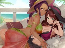 Rule 34 | 2girls, absurdres, alternate costume, ass, bad source, beach, breasts, brown hair, cleavage, commission, commissioner upload, couch, dark-skinned female, dark skin, dorothea arnault, fire emblem, fire emblem: three houses, fire emblem heroes, girl on top, green eyes, haru (nakajou-28), highres, large breasts, looking at viewer, lying, multiple girls, nintendo, official alternate costume, on back, petra macneary, ponytail, purple hair, sarong, see-through, skeb commission, swimsuit