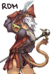 Rule 34 | 00s, 1girl, animal ears, arm up, ass, bad id, bad pixiv id, blush, cat ears, cat girl, cat tail, clothing cutout, female focus, final fantasy, final fantasy xi, from behind, green eyes, looking at viewer, looking back, mithra (ff11), red mage (final fantasy), silver hair, simple background, solo, standing, suzuno (bookshelf), tail, tail through clothes, white background