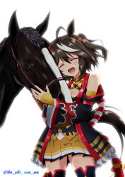 Rule 34 | 1boy, 1girl, ahoge, animal ears, bare shoulders, black hair, bob cut, chanchanko (clothes), cleavage cutout, closed eyes, clothing cutout, commentary request, creature and personification, detached sleeves, equinox (racehorse), hair ornament, hair ribbon, highres, horse, horse ears, horse girl, kitasan black (umamusume), kouhaku nawa, multicolored hair, partial commentary, rappasan05, real life, red ribbon, ribbon, rope, shimenawa, simple background, streaked hair, twitter username, two-tone hair, umamusume, white background, white hair