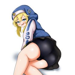 Rule 34 | 1boy, absurdres, artist request, ass, bike shorts, black shorts, blonde hair, blue eyes, blush, bridget (guilty gear), bulge, guilty gear, guilty gear strive, habit, highres, hood, huge ass, looking at viewer, open mouth, shiny clothes, shiny skin, short hair with long locks, short shorts, shorts, sitting, smile, solo, thick thighs, thighs, trap, yokozuwari