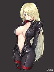 Rule 34 | &gt;:|, 1girl, :|, arms behind back, artist name, black background, blonde hair, blue eyes, blush, bodysuit, breasts, center opening, choker, cleavage, closed mouth, closers, collarbone, covered erect nipples, cropped legs, eyelashes, eyes visible through hair, full-length zipper, hair down, hair over one eye, irina petrovona, large breasts, long hair, long sleeves, looking at viewer, medium breasts, navel, open clothes, shaojiang, shiny clothes, shiny skin, solo, standing, stomach, thigh strap, unzipped, v-shaped eyebrows, very long hair, zipper