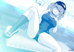 Rule 34 | 1girl, alternate costume, basketball court, basketball hoop, blue theme, blush, breasts, commentary request, dutch angle, flat cap, foot out of frame, grin, hair bobbles, hair ornament, hand on own chest, hat, highres, kagiyama shachou, kawashiro nitori, large breasts, looking at viewer, mary janes, medium hair, monochrome, old school swimsuit, school swimsuit, shoes, sidelocks, smile, socks, solo, spread legs, swimsuit, touhou, two side up, vaulting horse