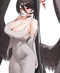 Rule 34 | 1girl, absurdres, arm under breasts, black choker, black hair, black nails, black wings, blue archive, blush, breasts, choker, cleavage, closed mouth, ddog, dongtan dress, halo, hasumi (blue archive), high ponytail, highres, huge breasts, large wings, long hair, looking at viewer, meme attire, mole, mole under eye, red eyes, red halo, simple background, solo, strap gap, very long hair, white background, wings