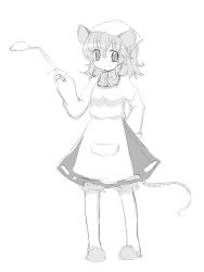 Rule 34 | 1girl, animal ears, bad id, bad pixiv id, female focus, fuuen (akagaminanoka), greyscale, hand on own hip, ladle, looking at viewer, monochrome, mouse ears, mouse tail, nazrin, short hair, simple background, smile, solo, tail, touhou, white background