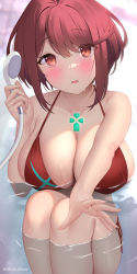 Rule 34 | 1girl, akira shiun, bathtub, bikini, blush, breasts, cleavage, collarbone, commentary request, hair between eyes, highres, holding, holding shower head, huge breasts, looking at viewer, open mouth, outstretched arm, pyra (xenoblade), red eyes, red hair, shower head, side-tie bikini bottom, sidelocks, sitting, solo, swimsuit, twitter username, wet, xenoblade chronicles (series), xenoblade chronicles 2