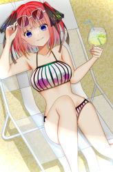 Rule 34 | 1girl, bare shoulders, beach chair, bikini, blue eyes, breasts, chair, cleavage, closed mouth, cup, drink, drinking glass, drinking straw, eyewear on head, go-toubun no hanayome, hair ornament, hair ribbon, highres, ice, ice cube, large breasts, looking at viewer, midriff, nail polish, nakano nino, red hair, ribbon, shade, sitting, smile, solo, sunbathing, sunglasses, sunlight, swimsuit, tanning, user ceda7825