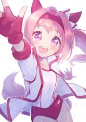 Rule 34 | 1girl, animal ears, arm up, bow, buruma, fingerless gloves, gloves, gym uniform, hair bow, hair intakes, haru urara (umamusume), headband, horse ears, horse girl, horse tail, jacket, long hair, looking at viewer, open mouth, outstretched arm, pink eyes, pink hair, ponytail, red buruma, red gloves, ribbon, shirt, simple background, sketch, smile, solo, symbol-shaped pupils, tail, ting come, track jacket, umamusume, waving, white background, white jacket, white shirt