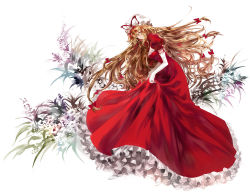Rule 34 | 1girl, alternate color, alternate costume, bad id, bad pixiv id, blonde hair, clothes lift, dress, dress lift, elbow gloves, female focus, flower, frills, gathers, gloves, grin, hair ribbon, hat, highres, lace, long hair, nod, red dress, red eyes, ribbon, skirt hold, smile, solo, touhou, white gloves, yakumo yukari
