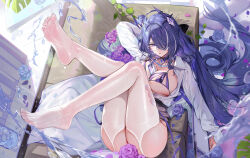 Rule 34 | 1girl, acheron (honkai: star rail), akizero1510, alternate costume, arm up, black skirt, bra, breasts, coat, commentary, couch, english commentary, feet, flower censor, from above, glasses, hair over one eye, hair spread out, highres, honkai: star rail, honkai (series), id card, knees up, lab coat, lanyard, large breasts, legs up, lingerie, long hair, looking at viewer, lying, no shoes, on back, on couch, parted lips, purple bra, purple hair, shirt, skirt, solo, thighhighs, unbuttoned, underwear, white coat, white shirt, white thighhighs