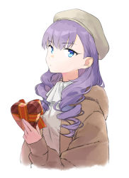 Rule 34 | 1girl, absurdres, ascot, beret, blue eyes, blue ribbon, blush, box, breasts, coffeekite, contemporary, fate/extra, fate/extra ccc, fate (series), gift, gift box, hair ribbon, hat, heart-shaped box, highres, jacket, long hair, long sleeves, looking at viewer, meltryllis (fate), purple hair, ribbon, small breasts, solo, valentine