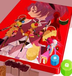 Rule 34 | 1girl, absurdres, banana, bare shoulders, barefoot, cake, candy, chips (food), chocolate cake, crepe, fish (food), fish and chips, food, french fries, fruit, hair ribbon, highres, hot dog, ice cream, magical girl, mahou shoujo madoka magica, mahou shoujo madoka magica (anime), mcdonald&#039;s, mihifu, noodles, ponytail, pudding, red eyes, red hair, red theme, ribbon, sakura kyoko, skirt, sleeveless, udon, watermelon