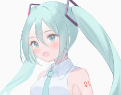 Rule 34 | 1girl, :d, bare shoulders, blue eyes, blue necktie, blush, breasts, collared shirt, green hair, hair between eyes, hatsune miku, highres, long hair, looking at viewer, medium breasts, necktie, open mouth, roido (taniko-t-1218), shirt, sleeveless, sleeveless shirt, smile, solo, twintails, upper body, vocaloid, white shirt