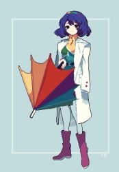 Rule 34 | 1girl, 4qw5, black eyes, blue hair, boots, closed mouth, coat, dated, full body, grey background, hairband, highres, holding, holding umbrella, long sleeves, looking at viewer, multicolored clothes, multicolored hairband, multicolored umbrella, pants, pixel art, purple footwear, rainbow, short hair, solo, standing, tenkyuu chimata, touhou, umbrella, white coat, white pants